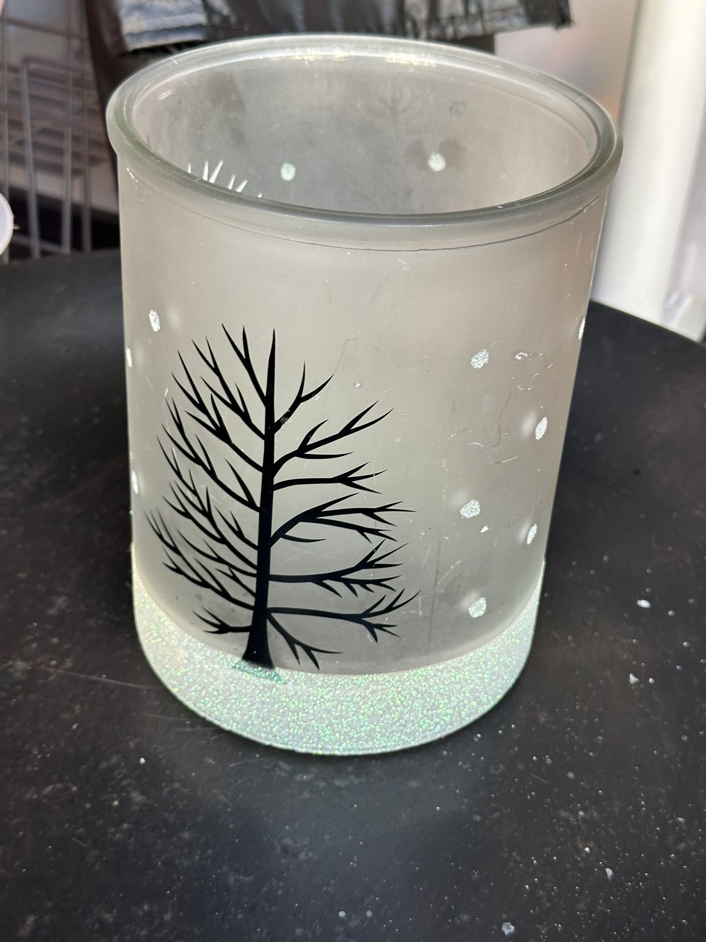 Glass Christmas Winter Candle Holder Center Piece 5.5d 7h