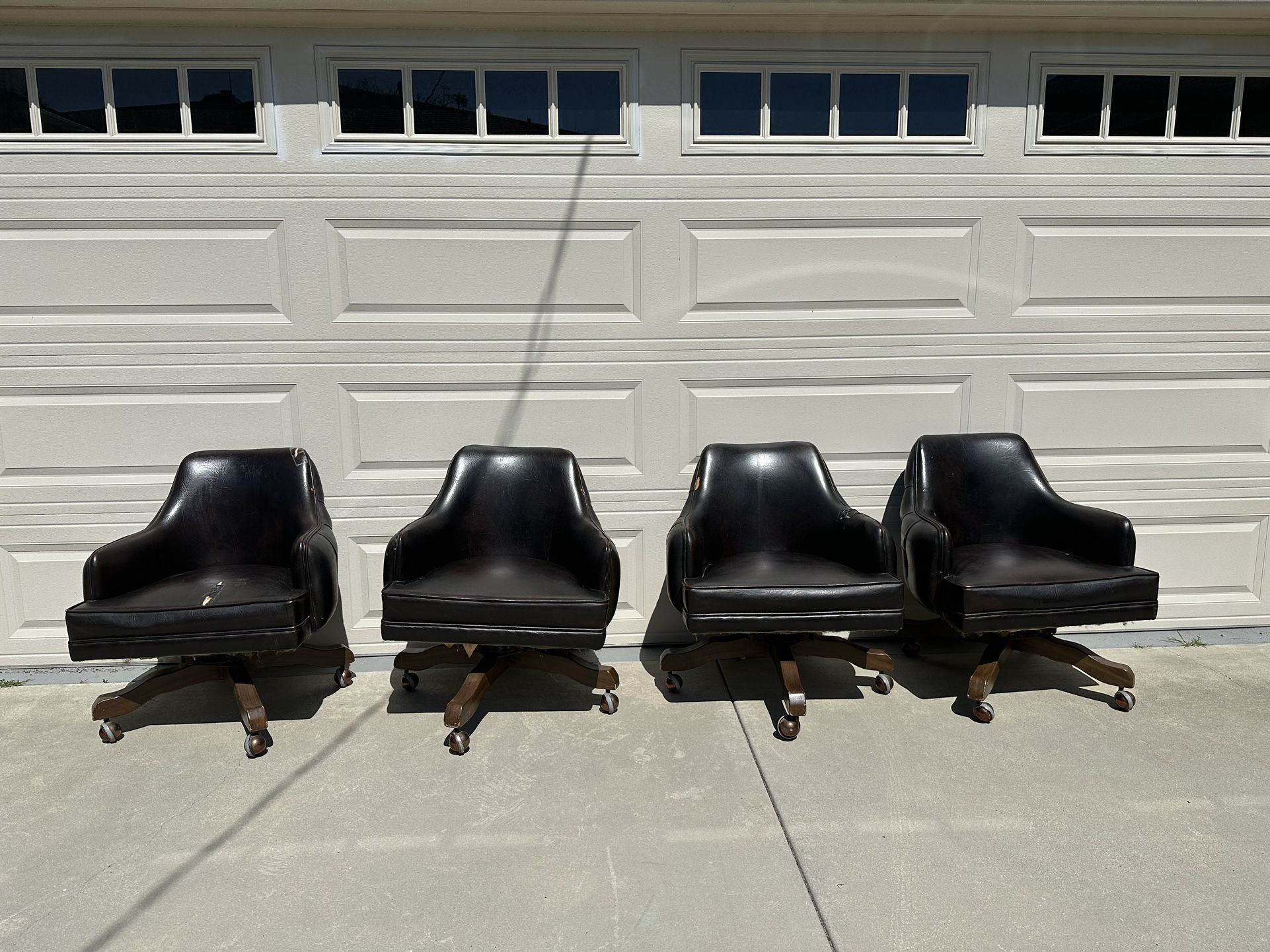 4 Vintage Dark Brown Leather Rolling Chairs