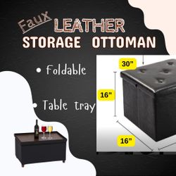 Faux Leather Black Ottoman Bench with Storage & Tray