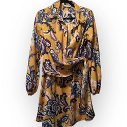 Women's INTEMPO Size M Wrap Long Sleeve Shirt Dress Floral Elastic Sleeve 