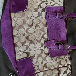 Vintage ‘00s Y2K Coach Brown  Brown Purple Signature Suede Handbag Shoulder Bag Gold Hardware
