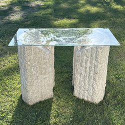 Vintage Magnussen Ponte Postmodern Tessellated Travertine Mactan Column Pedestal Stone And Glass Table Entryway Foyer Console