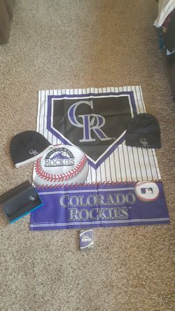 Colorado Rockies Fans Lot 2 Beanies, a Fan Flag, deck of cards, and Checkbook style Wallet All for $25 or will split