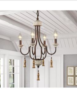 French Chandelier Foyer Light Fixtures, 4-Light Orb Farmhouse Distressed Wood Lighting, Rustic Brown Shabby Chic Country Vintage Candle Pendant Light