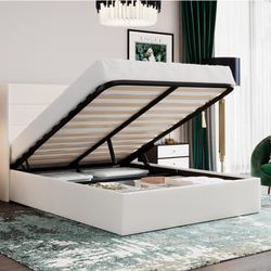 Queen bed Lift Up Storage Bed/Velvet Upholstered/Modern Wingback Headboard/Upholstered Platform Bed Frame/Hydraulic Storage/No Box Spring Needed/White