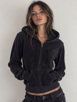 VTG Y2K Black velvet Zip up Hoodie Sweater with a grunge vibe, size L