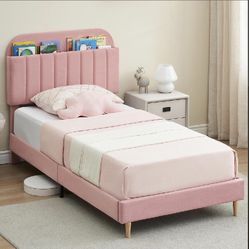 NEW OPEN BOX Twin Pink Velvet Bedframe with Bookcase Headboard