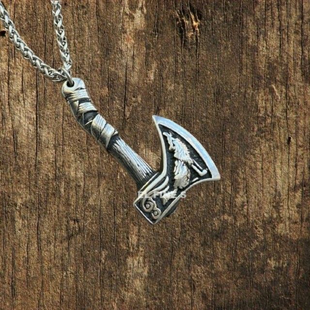 Mens Norse Viking Wolf Raven Axe Pendant Necklace Jewelry