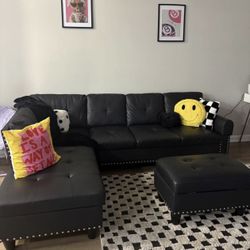 BLACK LEATHER sectional - Storage Ottoman Included 🖤🖤