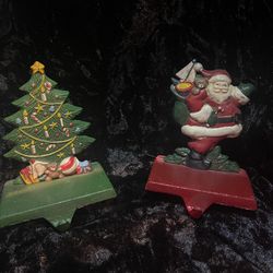 Set Of 2 Vintage Santa & Tree Christmas Cast Iron Stocking Holders