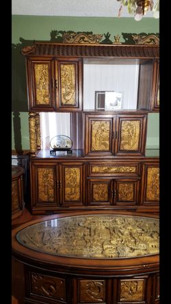 Oriental wall unit and living room table grandfather clock