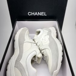 Chanel White Leather And Suede CC Low Top Sneakers for Sale in