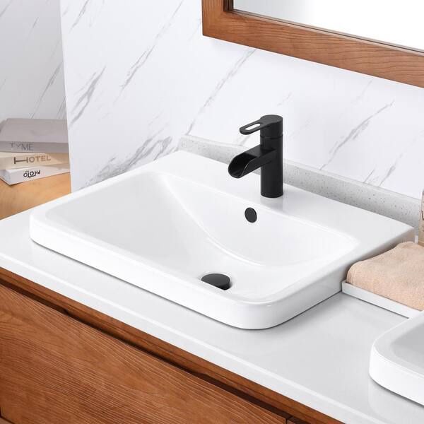 Rectangular 24 In. Drop-In Ceramic Bathroom Sink In White 