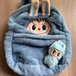 Blue Plush Backpack with Bunny Ears & Keychain 
