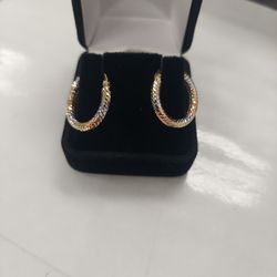 3 Tone Diamond Cut Hoop 14k Gold Earrings 