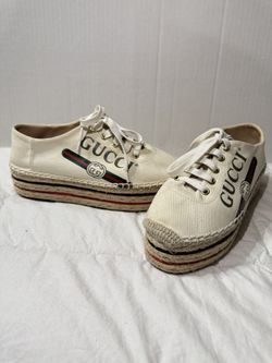 Gucci Canvas Logo Platform Lace-Up Espadrilles in white