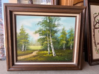 Large 27" Vintage Original Oil Painting – Autumn Birch Forest (Framed)