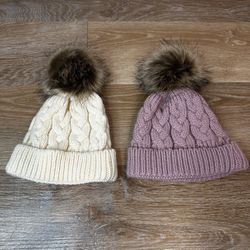 Baby Girl Size 6-12 Months BUNDLE (2) Faux-Fur Pom-Pom Winter Beanie Hat