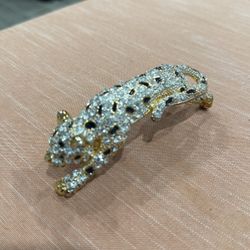 Gold, Black Enamel, and Crystal Crouching, Leopard Brooch