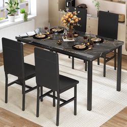 Dining Table Set for 4, Faux Marble Kitchen Table Set with 4 Leather Upholstered Chairs, 5 Piece Modern Dinette for Dining Room
