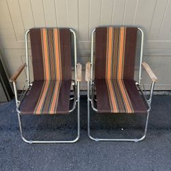 Zip Dee Rare Set2 Vintage Fold Away Airstream RV Camp Chairs Brown Orange Stripe