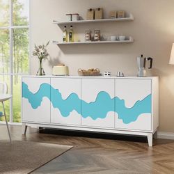 Low Sideboard with 4 Doors, Storage Cabinet, Wooden Dresser, Irregular Wave Pattern