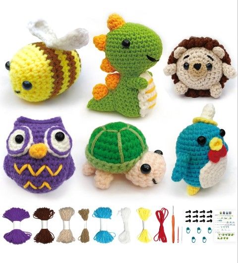 6PCS Crochet Kit for Beginners,Crochet Animal Kits with Step-by-Step Video Tutorials,DIY Craft for Adults and Kids, for Crochet Lovers, Yarn,Crochet H