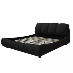 High End Black Wood Frame King Upholstered Platform Bed with Oversize Headboard, Thickened Slats, Pleating Bed Body