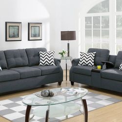 Brand New Blue Grey  Sofa And Love Seat Built-in Usb Console & Cupholders