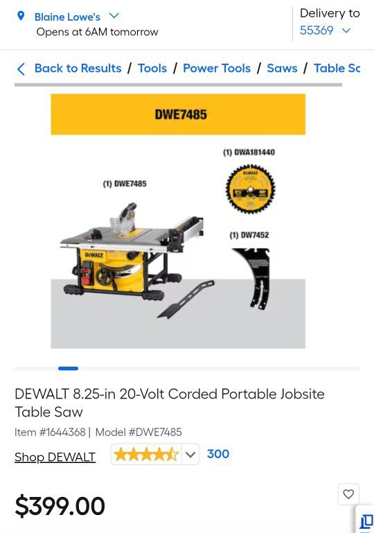 DeWalt DWE7485 8.25-in 20-Volt Corded Portable Jobsite Table Saw