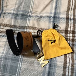 MCM Brown Gold-Plated Buckle Logo Print Adjustable Men's Designer Dress Belt