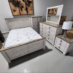 White Queen Panel Bed with 2 Mirrored Dresser and 2 Nightstands