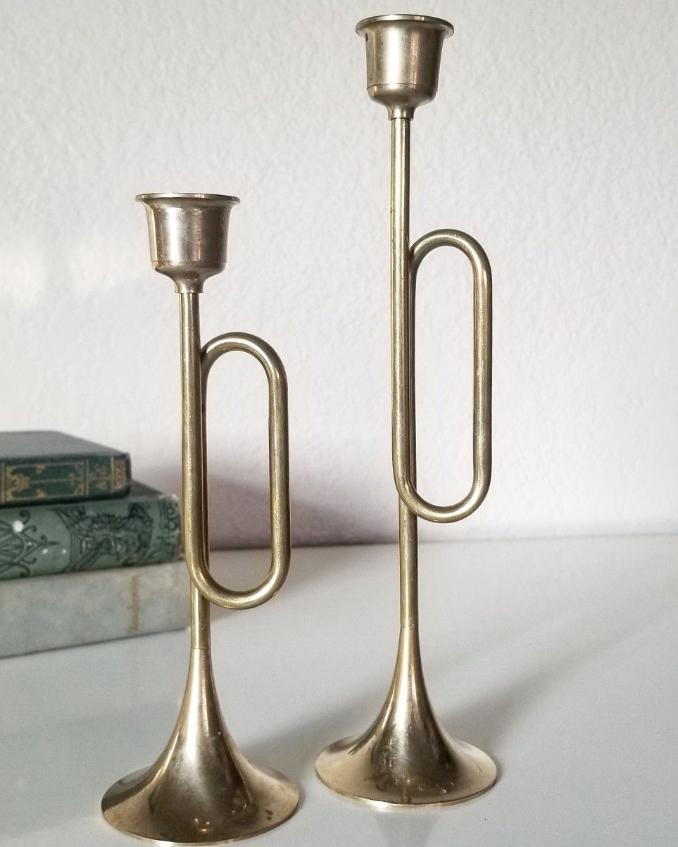 Vintage brass trumpet candle holders