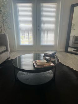 Round Coffee Table – Anthracite Marble Effect & Black Glass (35")