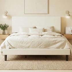 SHA CERLIN Velvet Upholstered King Size Bed Frame, Cream Platform Bed with Adjustable Headboard, Wooden Slats Support, No Box Spring Needed, Noise-Fre