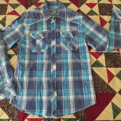 Affliction Buckle Blue Plaid Button Shirt M Logo Mens Long Sleeve