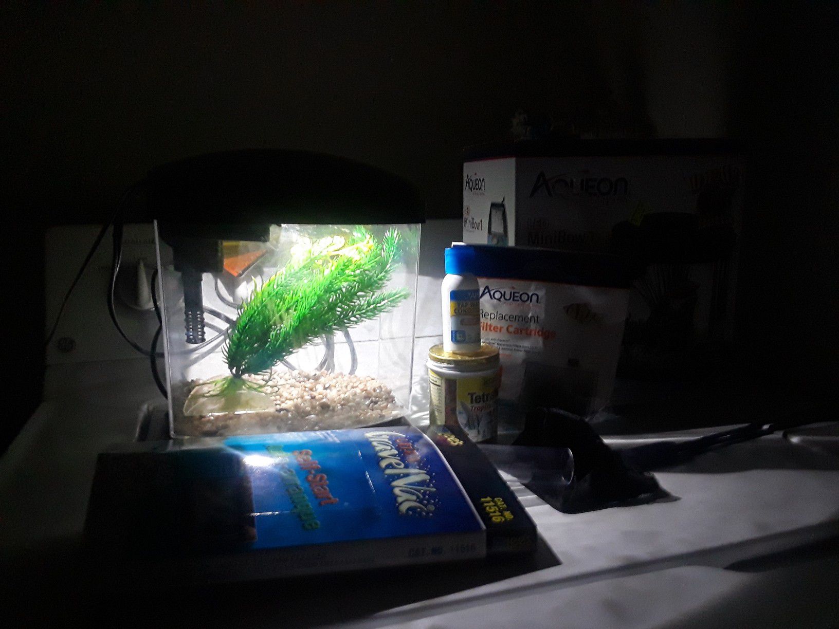 Mini Aquarium kit, including net, cartridge, food and more.