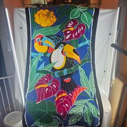 VTG SUMMER UP TROPICAL BEACH TOWEL - TOUCANS & HIBISCUS FLORAL