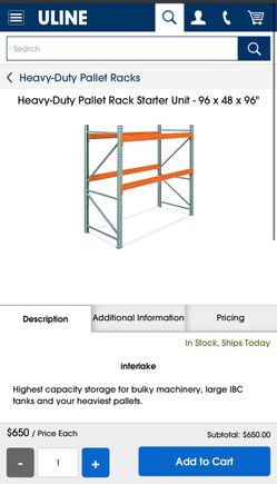 Heavy-Duty Pallet Racks 9 total (unline cost $650+150 with wire mesh tops