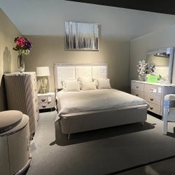 Grey King Bed, Dresser, Mirror And One Nightstand
