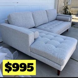 Brand New. 102” Mid Century Modern Tufted Sofa Sectional. Oatmeal. Left Arm Facing. Retails Over $2300.