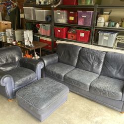 Blue Leather Sofa, Chair and Ottoman