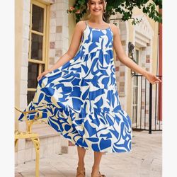 ECOWISH Women's Sleeveless Maxi Dress: Bohemian Loose Summer Beach Dress with Thin Straps, Asymmetrical Tiered Maxi Dress