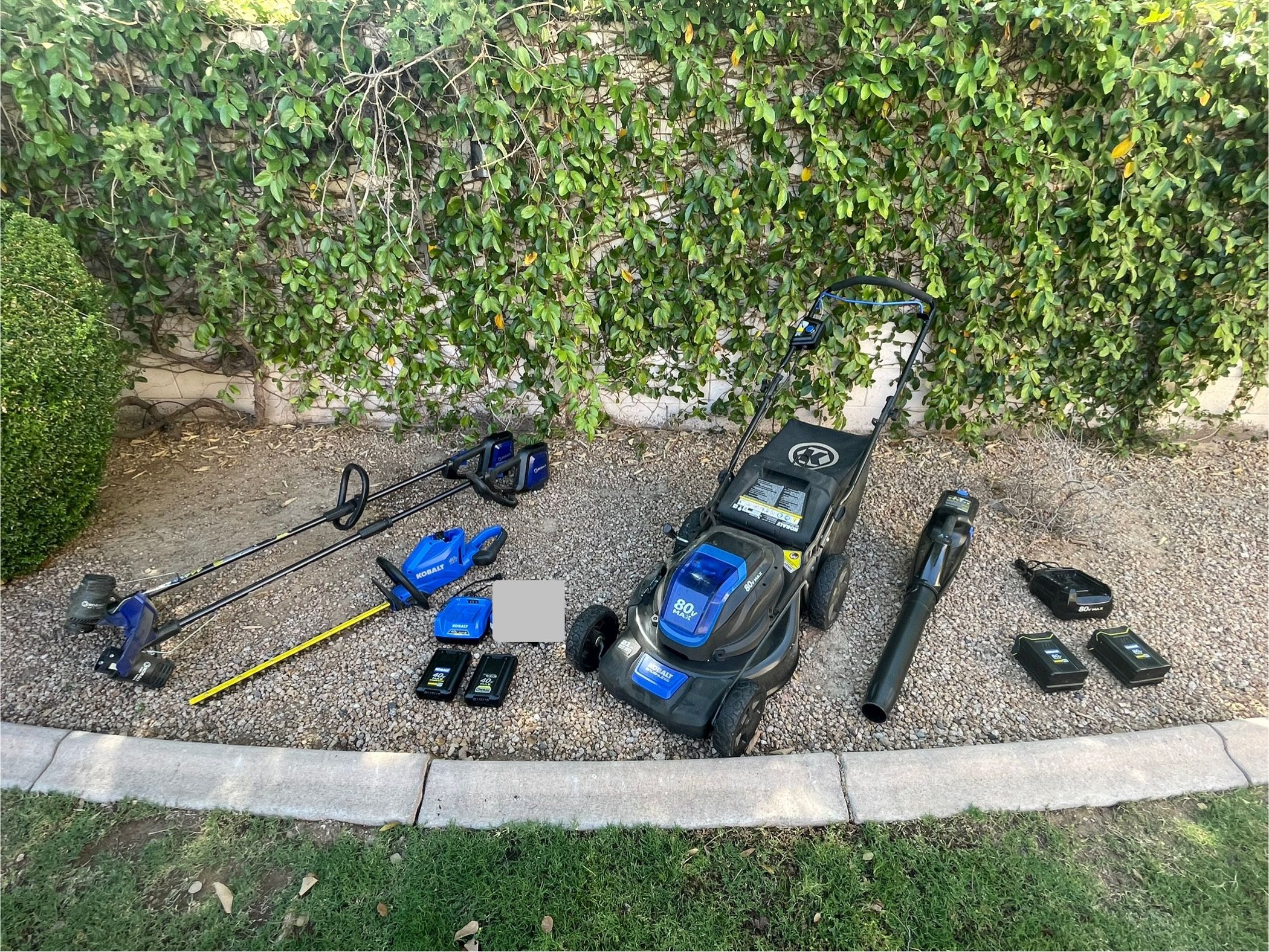 Kobalt Cordless Electric Mower, Blower, Grass Trimmer, Hedge