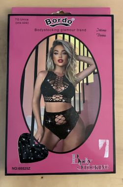 NEW Black Rhinestone Fishnet Lingerie Set – One Size – Super Stretchy