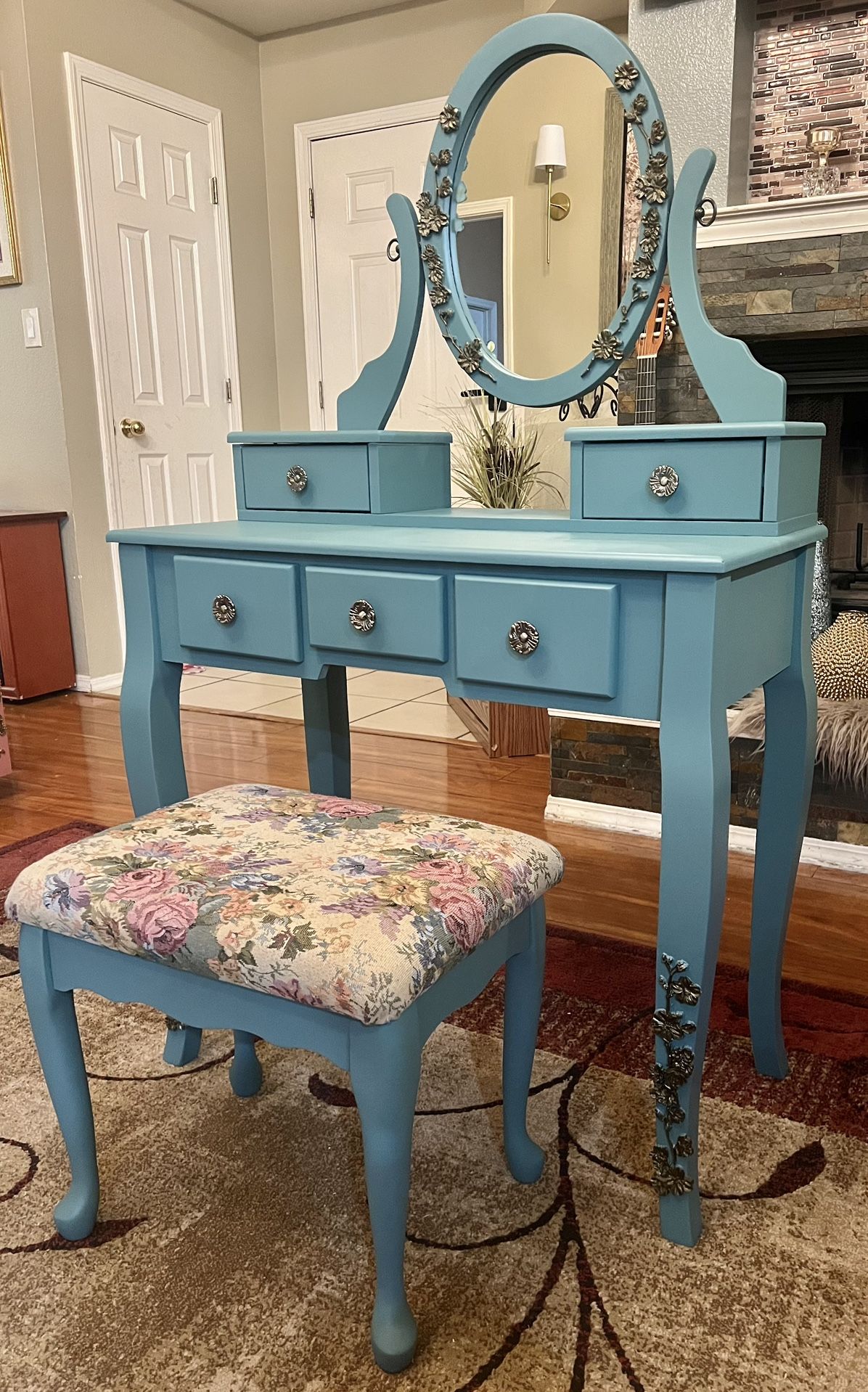 Vanity Set with Mirror and Upholstered Stool (Delivery Available)