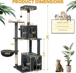 🥨54-Inch Cat Tree Tower with 2 Caves & 2 Pompoms - Multi-Level Tower for Indoor Cats, Soft Plush Condo with Scratching Posts - Sturdy Base for Large