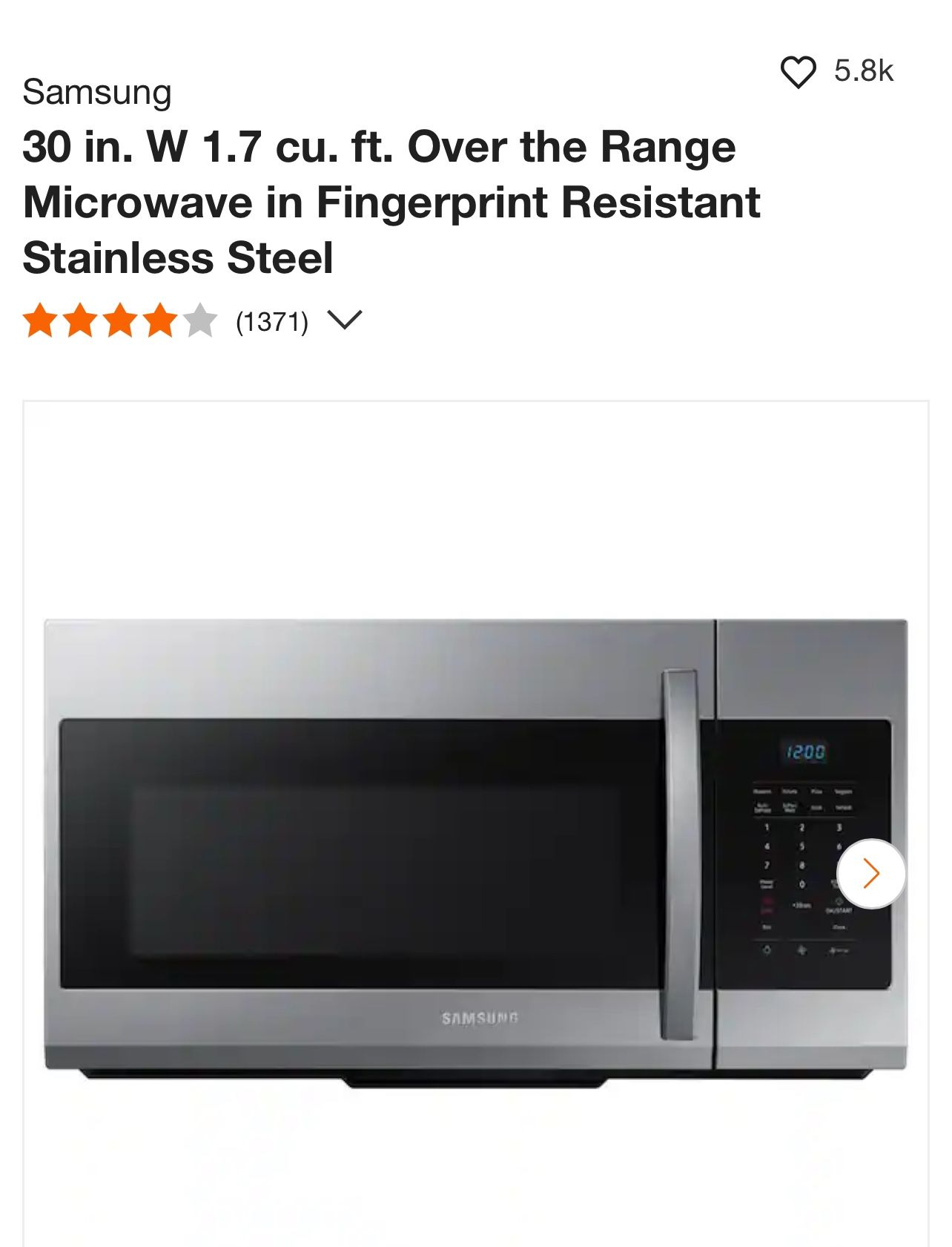 Samsung 30 in. W 1.7 cu. ft. Over the Range Microwave in Fingerprint Resistant Stainless Steel