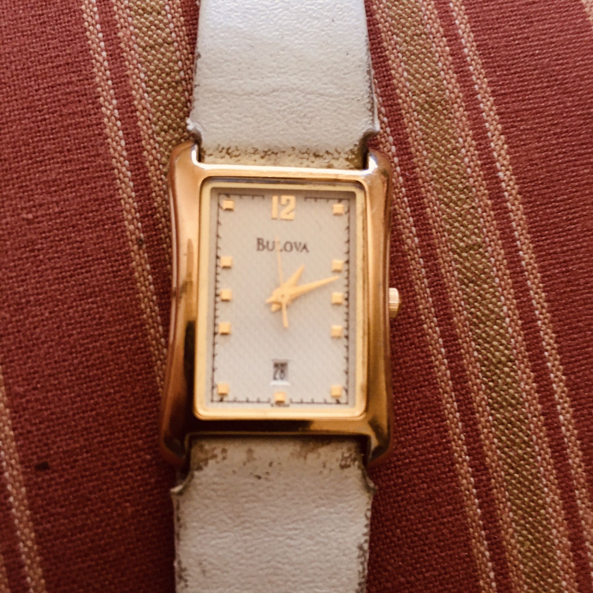 Vintage Bulova Women’s Classic Watch - Rectangular - Gold-Tone - Leather Strap - Date THAT WORKS LIKE A CHARM!