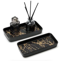 Pottify Bathroom Vanity Tray For Countertop,2PC Rectangle Marble Tray Set,Decorative Bathroom Organizer For Scrubber, Lotion Bottles, Perfume, Jewelry